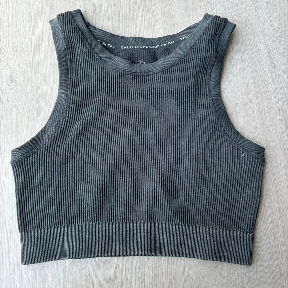 Grey Ribbed High Neck Sports Bra - Picture 1 of 2
